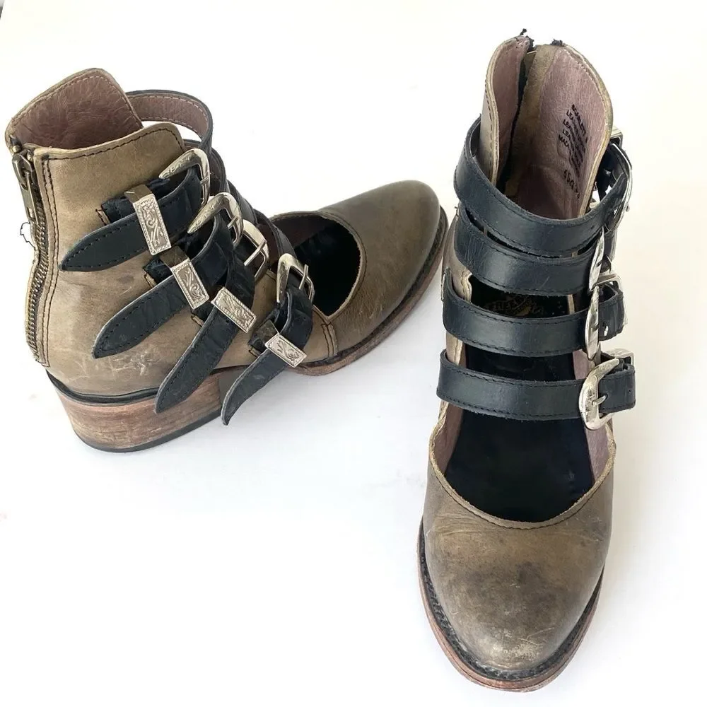 Freebird by Steven Scarlett Olive Brown Multi-Buckle Ankle Boots 8 Boho Western